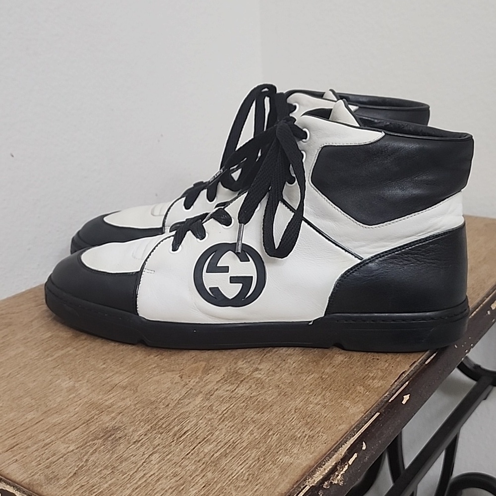 GUCCI Men's Black and White Leather GG Interlocking Logo High Top Sneakers Sz11 - Picture 4 of 14